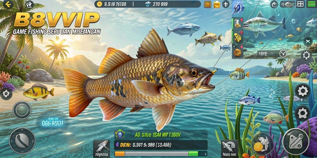 Tampilan gameplay seru dengan momen menangkap ikan besar.