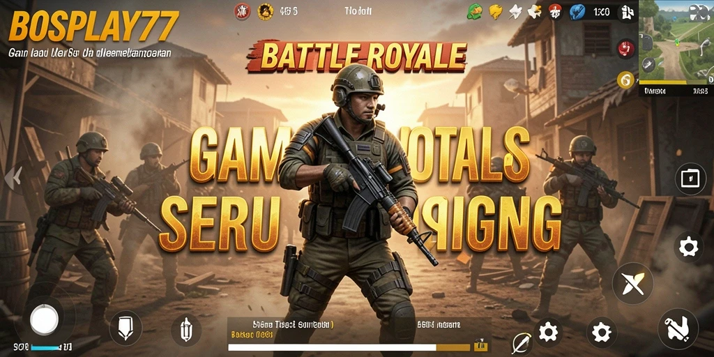 Screenshot gameplay BOSPLAY77 menunjukkan aksi Battle Royale yang mendebarkan.