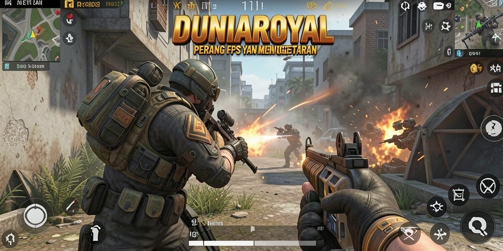 Screenshot menunjukkan gameplay intens dari DUNIAROYAL dengan aksi tembak-menembak.