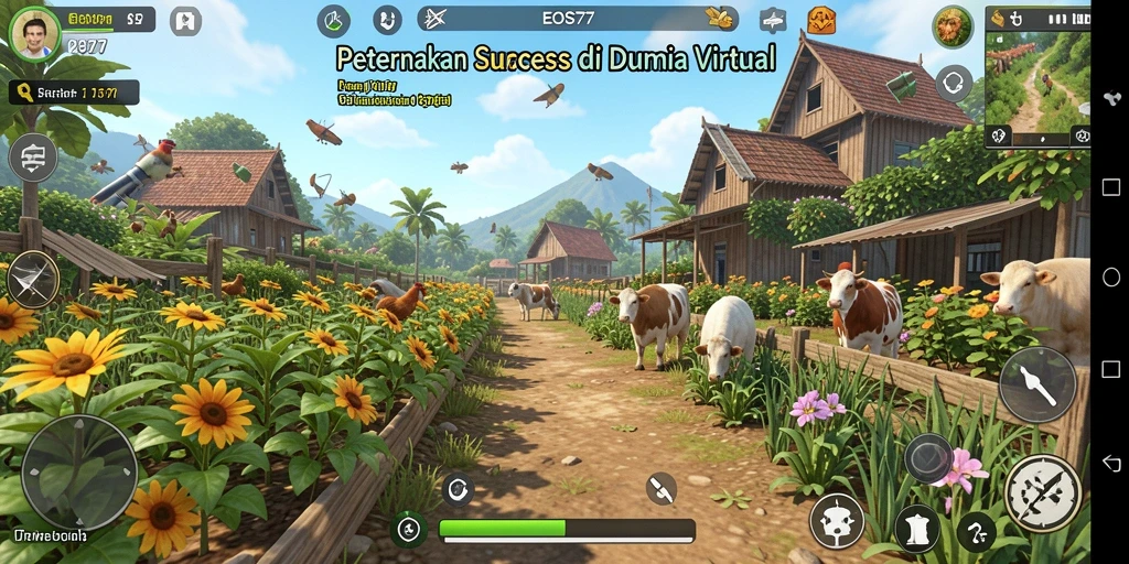 Screenshot gameplay EOS77 menampilkan aktivitas bertani yang seru.