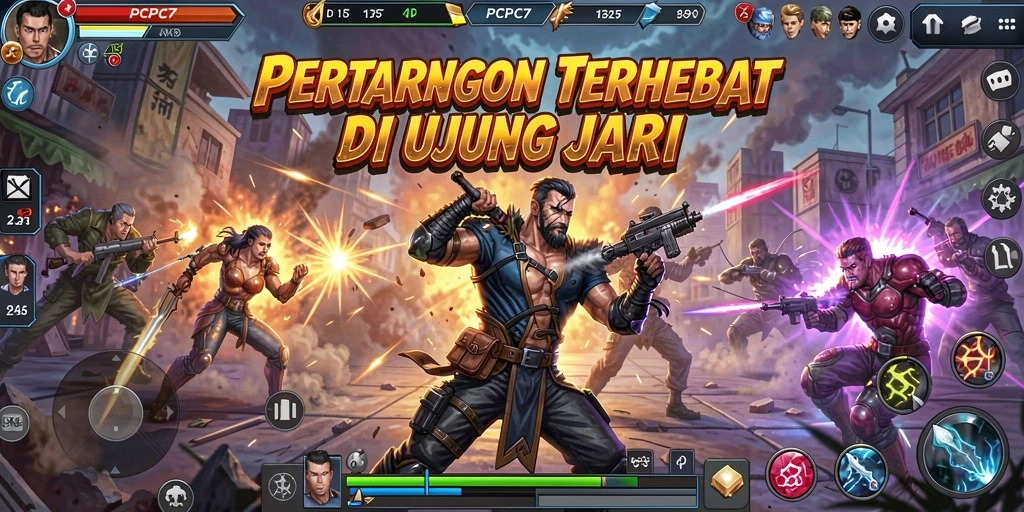 Screenshot PCPC7 menampilkan aksi bertarung epik dengan karakter beragam.