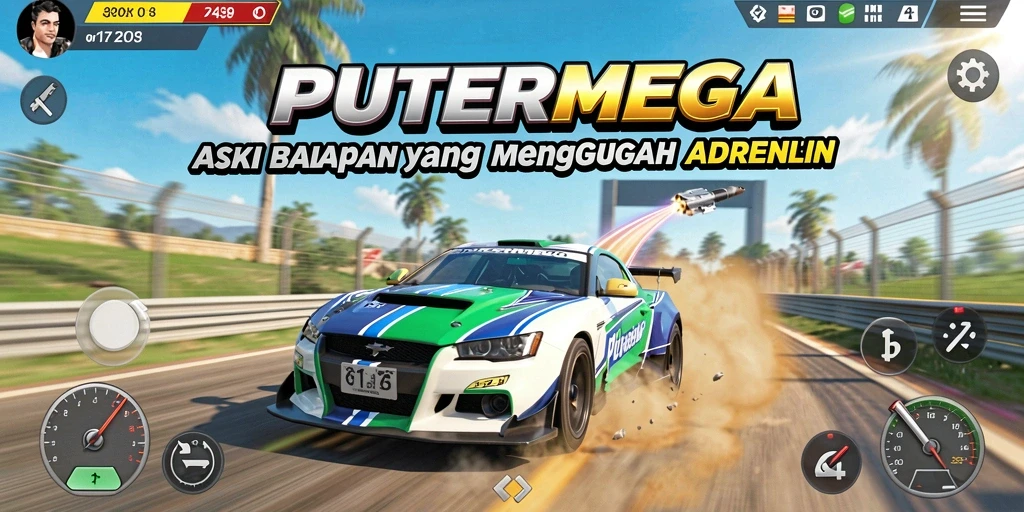Tampilan aksi balapan seru di PUTERMEGA dengan grafis menawan.