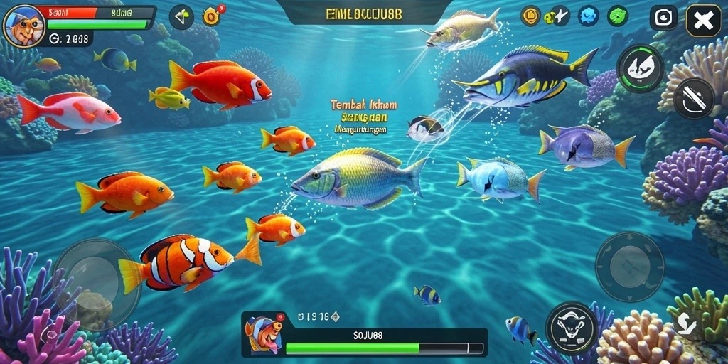 Tampilan gameplay seru dalam SOJU88 dengan berbagai jenis ikan.
