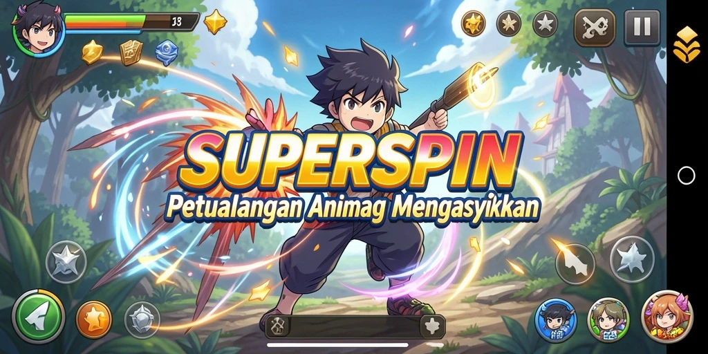 Tampilan gameplay SUPERSPIN yang penuh aksi dan karakter Anime yang menawan.