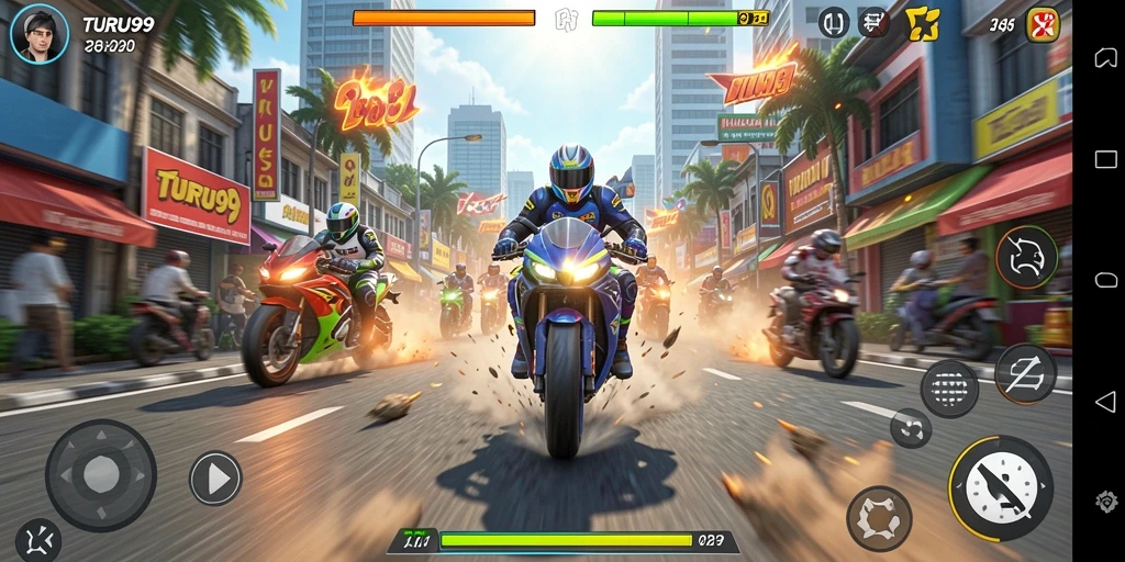 Gameplay TURU99 menampilkan balapan motor yang cepat dan mendebarkan.